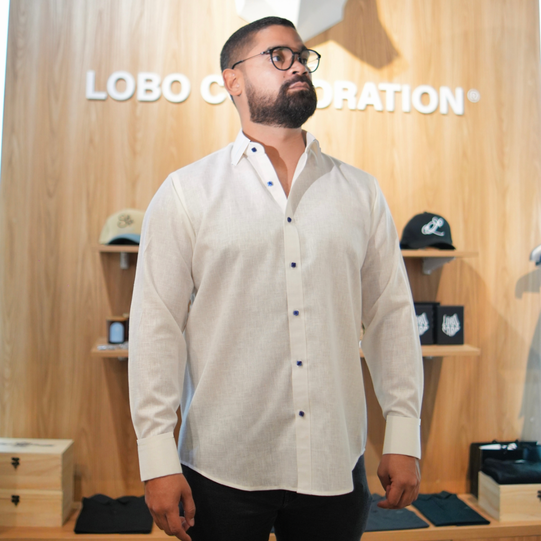 Camisa De Lino Crema, Botones Azules